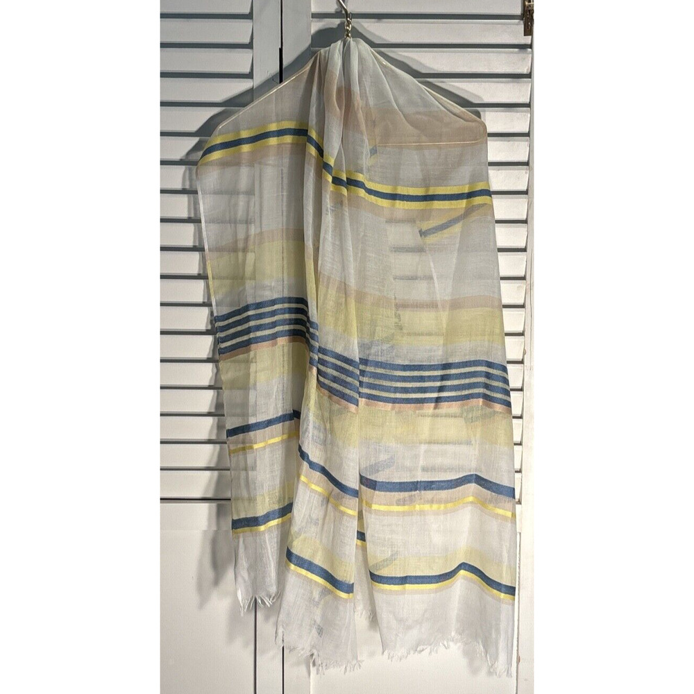Silk Blend Striped Scarf White Blue Yellow Fringe